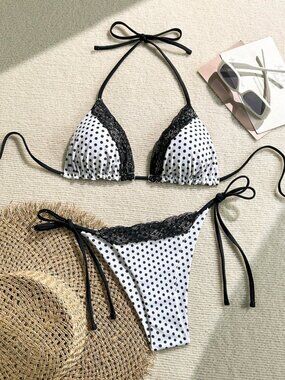 Black And White Sexy Women's Beach Lace Polka Dot Halter Tie Bikini Suit Set